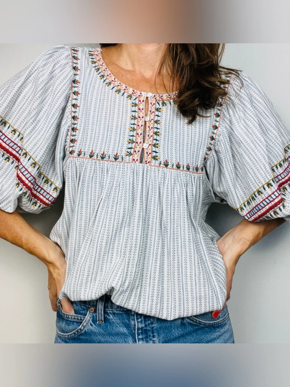 Zara TRF Embroidered Striped Peasant Blouse – Boho Blue & White – XL